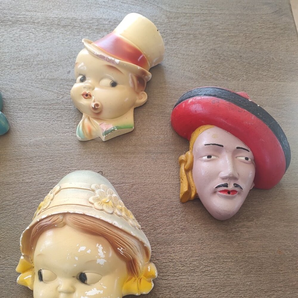 Rare Vintage Chalkware String Holders - Matador/Cavalier & Flower Bonnet Girl